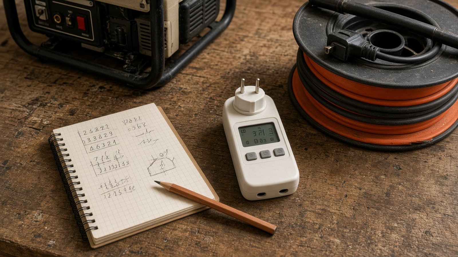 Notitieblok met berekeningen, een energiemeter en een kabelhaspel naast een aggregaat op een werkbank