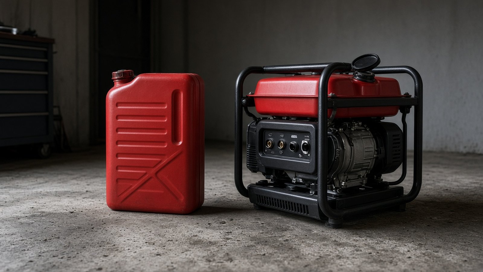 Rode jerrycan naast een benzine aggregaat met geopende tankdop op een betonnen garagevloer