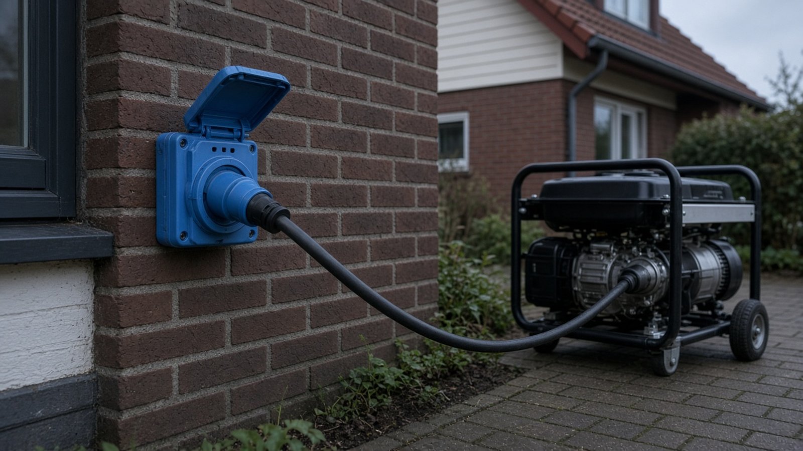 Blauwe CEE-wandcontactdoos aan een bakstenen gevel met een kabel naar een aggregaat buiten