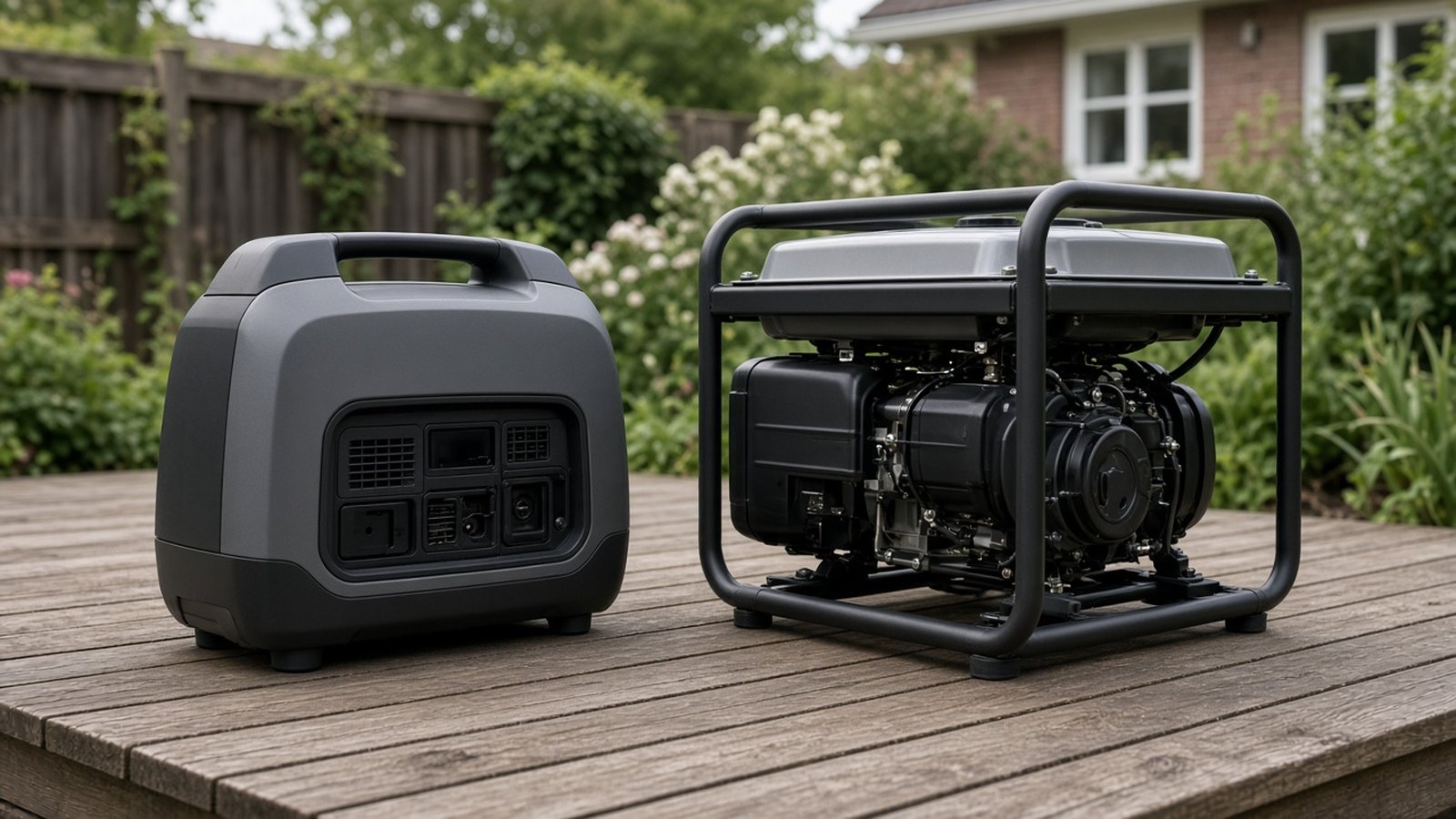 Een compacte inverter generator naast een open benzine aggregaat op een houten terras in de tuin