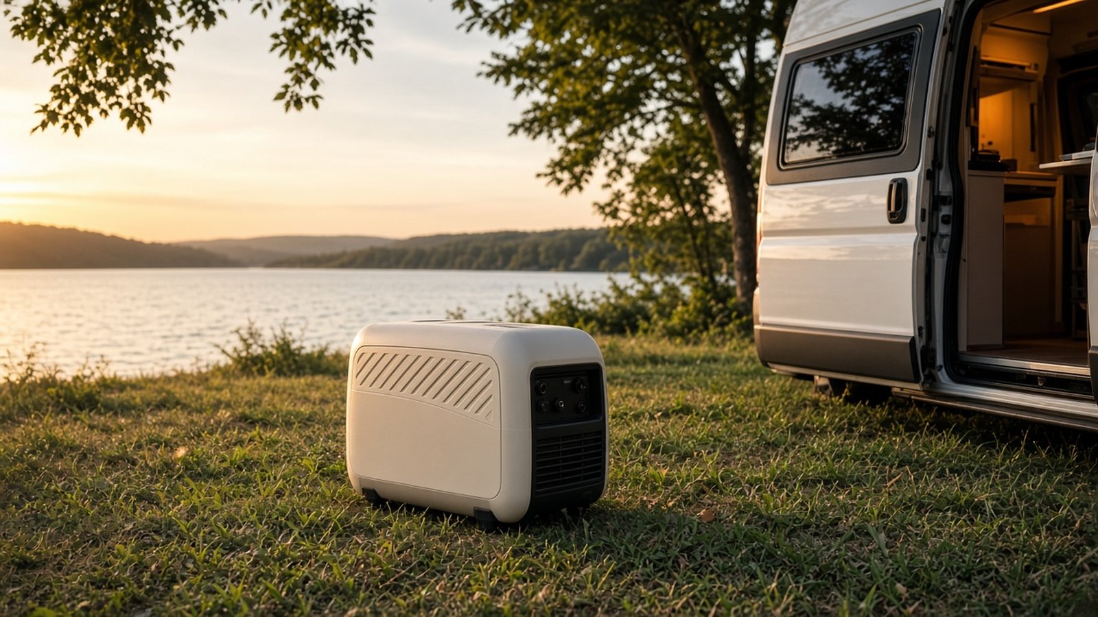 Compacte, stille inverter generator op het gras naast een camper aan een meer bij zonsondergang